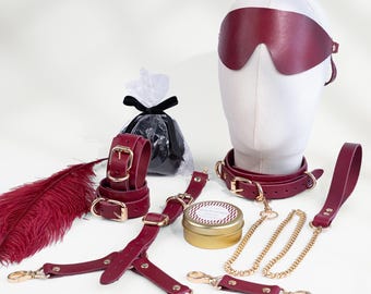 Personalized Red Leather Bondage Restraint Set Choker Chain Feather Tickler Massage Candle Gift