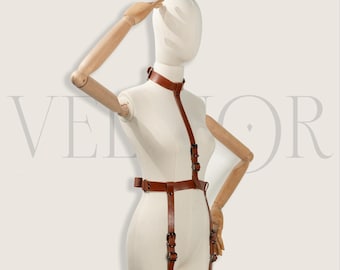 Personalized Brown Leather Harness Bodysuit Custom Name Strappy Lingerie Adjustable