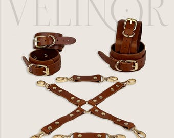 Brown Leather Restraint Set for Women, Adjustable Wrist and Ankle Cuffs, BDSM Cuffs Gift