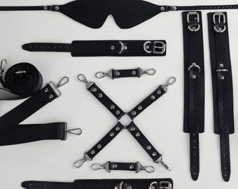 Personalized Leather Bondage Restraint Set Black BDSM Kit Massage Oil Candle Gift Box