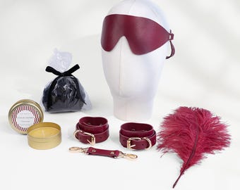 Burgundy Leather Bondage Set Personalized Gift Box Massage Candle Cuffs