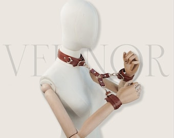 Personalized Burgundy Leather Bondage Restraint Set Collar Cuffs Straps Full BDSM Kit