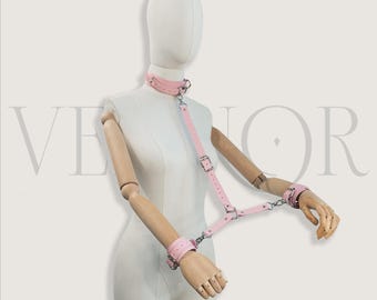 Personalized Pink Leather Bondage Restraint Set Collar Cuffs Straps Full BDSM Kit