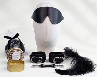 Personalized BDSM Gift Box Leather Cuffs Blindfold Feather Set Custom Name Kit