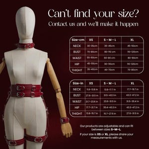 May include: A mannequin showcases a red leather harness set, featuring a neck collar, waist belt, and thigh straps. The image includes a size chart in inches and centimetres, with measurements for neck, bust, waist, hip, and thigh sizes.