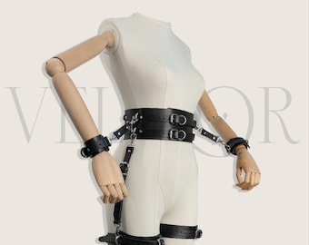Black Leather Bondage Lingerie Set Gold Hardware Waist Belt Cuffs, Restraints Set for Women