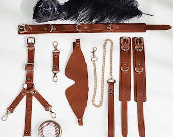 Handmade Brown Leather BDSM Restraint Set – Bondage Kit with Massage Candle Body Stocking