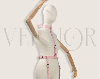 Genuine Leather Body Harness Restraint Personalized Name Engraved Pink BDSM Harness Set
