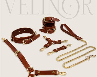 Personalized Brown Leather Bondage Restraint Set Collar Cuffs Y Connector Leash Kit