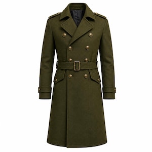 May include: An olive green double-breasted trench coat featuring a wide lapel, shoulder epaulets, and a matching waist belt with a rectangular buckle. The coat includes two rows of brass-toned buttons, two flap pockets, and buttoned cuffs.
