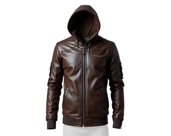 Brown Leather Hooded Jacket for Men – Winter Zip Up Faux Leather Hoodie Biker Style