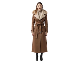 Faux Leather Trench Coat - Double-Breasted Belted Overcoat with Fur Collar