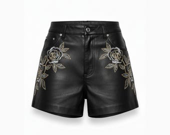 Floral Embroidered Black Vegan Leather Shorts | High Waist Boho Outfit