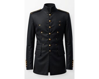 Men's Black Military Style Long Coat with Gold Buttons, High Collar Blazer