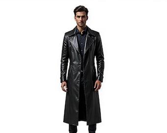 Gabardina de cuero auténtico para hombre, abrigo de invierno negro con cinturón.