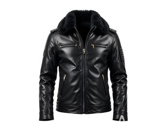 Black Faux Leather Biker Jacket | Men's Winter Coat with Fur Collar