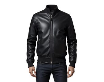 Men’s Black Leather Bomber Jacket Classic Zip Up Stylish Winter Jacket Modern Streetwear Motorcycle Outerwear