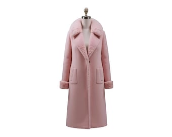 Pink Wool-Blend Coat, Faux Fur Collar, Elegant Overcoat