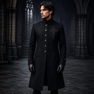 May include: A black long coat featuring a high collar, a row of silver-toned buttons down the front, and a detailed cross embroidery on the chest. The coat has long sleeves with buttoned cuffs and is worn with black leather gloves.