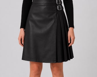 Handmade Women Black Leather Kilt High Waist Pleated Buckle Skirt