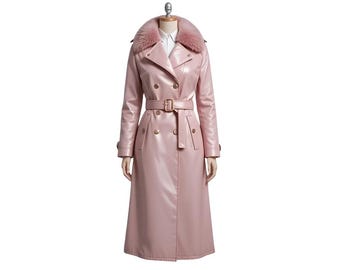 Pink Faux Leather Trench Coat | Faux Fur Collar, Belted Winter Jacket
