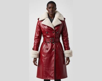 Cherry Red Leather Trench Coat | Faux Fur Collar & Cuffs