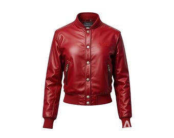 Men's Red Genuine Leather Bomber Jacket | Varsity Style Outerwear