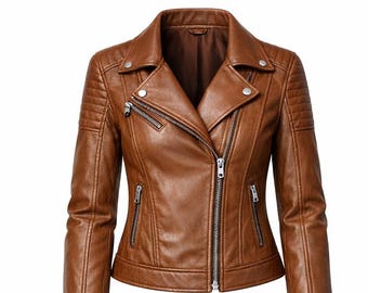 Women Brown Leather Biker Jacket Slim Fit Moto Style Zipper Coat