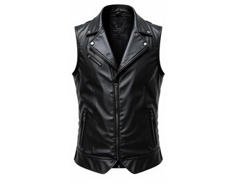 Black Leather Biker Vest for Men Sleeveless Motorcycle Waistcoat Front Back View
