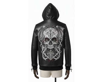 othic Embroidered Skull Leather Hoodie | Handmade Vegan Leather Jacket | Streetwear & Biker Style | Dark Aesthetic Festival Wear
