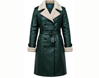 Green Leather Trench Coat • Faux Shearling Collar, Belted Winter Overcoat