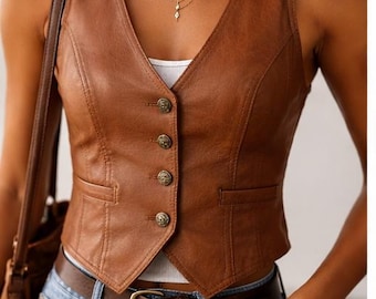 Brown Leather Vest Women Fitted Button Up Biker Chic Top Retro Streetwear