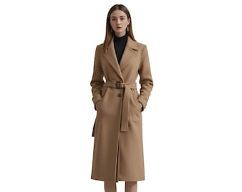 Women Camel Wool Long Coat Belted Elegant Winter Trench Coat Classic Tailored Overcoat for Office Formal Casual Wear