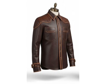 Handcrafted Brown Leather Shirt Jacket | Quilted Shoulder, Western Biker Style