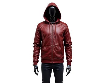 Men Red Leather Hoodie Jacket, Zip Up Leather Hoodie, Winter Streetwear Jacket, Faux Leather Hooded Jacket