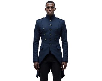 Men's Navy Military Tailcoat Jacket, Victorian Officer Steampunk Uniform Blazer