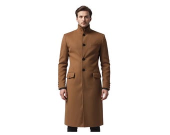 Men's Camel Wool Long Coat, High Neck Winter Overcoat, Minimalist Tailored Jacket