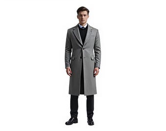 Men Grey Long Wool Coat | Classic Formal Overcoat | Winter Trench Style Coat | Elegant Menswear