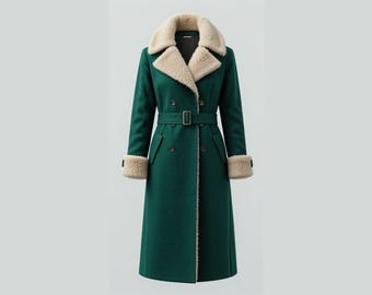 Women’s Green Wool Long Coat with Faux Fur Collar | Winter Warm Belted Overcoat | Vintage Style Elegant Wool Trench | Classic Outerwear