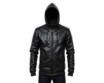 Black Leather Hoodie Jacket Men | Hooded Leather Jacket | Winter Streetwear Zip Up | Front Back View