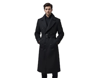 Mens Black Long Trench Coat Belted – Double Breasted Winter Overcoat Formal Stylish Jacket