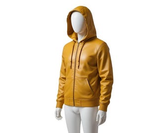 Mustard Yellow Leather Hoodie | Men Zip Up Hooded Jacket | Streetwear Fashion | Front Back View