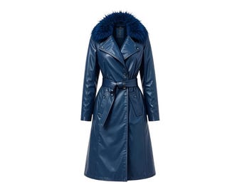 Blue Leather Trench Coat | Faux Fur Collar, Belted Winter Jacket