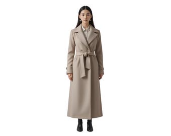 Wool Long Coat Beige | Women's Belted Winter Overcoat