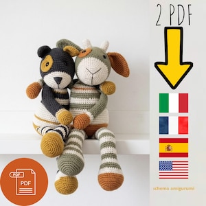 May include: Two crocheted stuffed animals sitting together. The left one is black, white, and mustard yellow with a patch over one eye. The right one is olive green, white, and brown with small horns. Text includes 2 PDF and flags for Italy, France, Spain, and the USA.