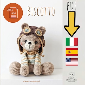 schema uncinetto orsetto aviatore pdf, pattern amigurumi orso con occhialini, tutorial italiano uncinetto, download istantaneo, diy, faidate