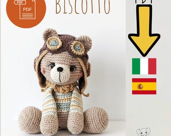 Aviator teddy bear crochet pattern (PDF), amigurumi pattern of a bear with glasses, Italian crochet tutorial, instant download, DIY, do-it-yourself