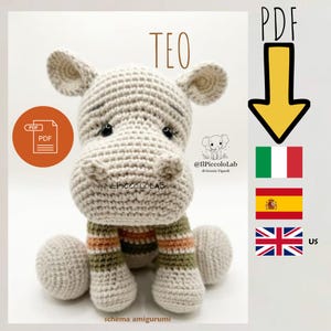Schema amigurumi ippopotamo Teo, livello princiante/intermedio, PDF amigurumi hippo pattern 3 lingue (it- es- en), istruzioni passo passo