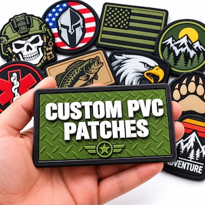 May include: A rectangular olive green PVC patch with a diamond plate texture and the white text CUSTOM PVC PATCHES, featuring a central star emblem. It is surrounded by various other colorful PVC patches with diverse graphic designs.