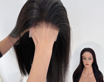 Peluca de cabello humano con cierre 4x4 y densidad del 180 % - 45,7 cm, encaje Ultra HD negro natural prearrancado